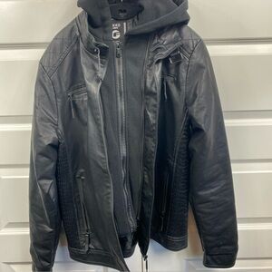 Fried Denim Black Faux Leather Jacket Bomber/Moto Lined Hoodie Medium